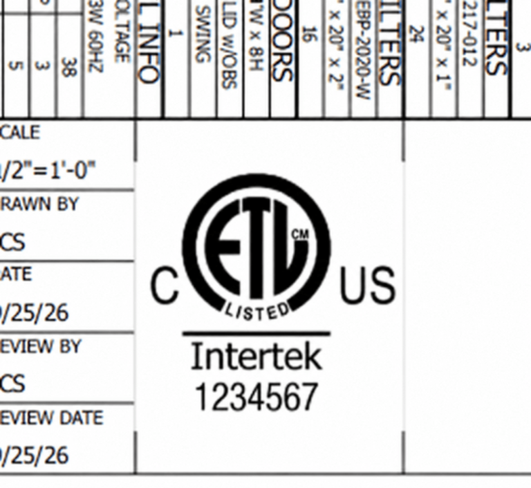 Do You Need a Permit for a Paint Booth in Florida? What to Expect 2 ETL Listed mark from Intertek on the title block of a spray booth drawing