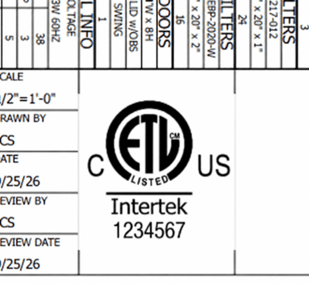 ETL Listed Intertek mark shown on a spray booth shop drawing